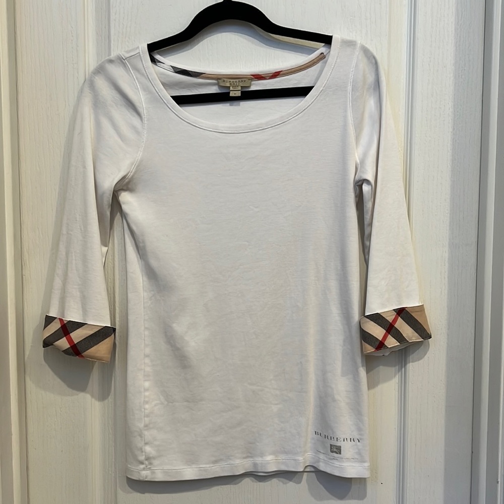 Burberry White Cotton Boat Neck Blouse Nova Check Cuffs Top Size Medium